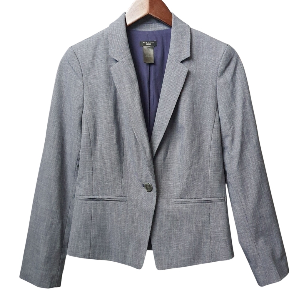 Ann Taylor Blazer Womens 6p Blue White Crosshatch Single Button Business Casual